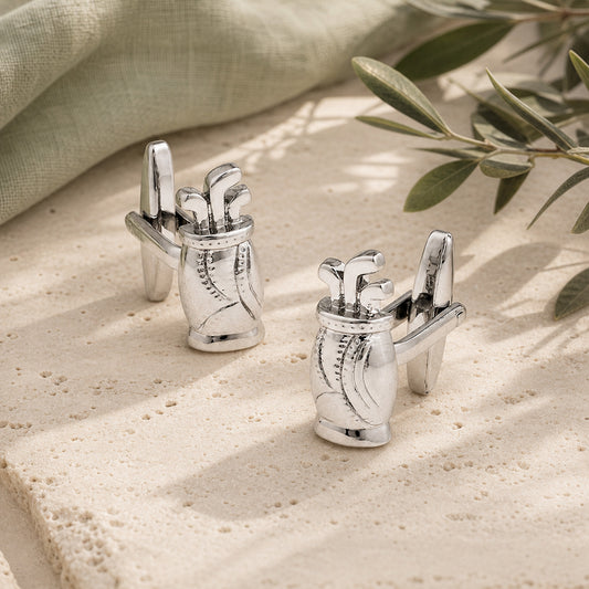 A Pair Of Golf Bag And Clubs Cufflinks in a themed setting