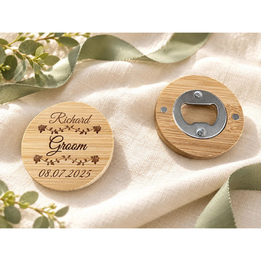 Personalised Wedding Fridge Magnet Bottle Opener in a muted gift setting