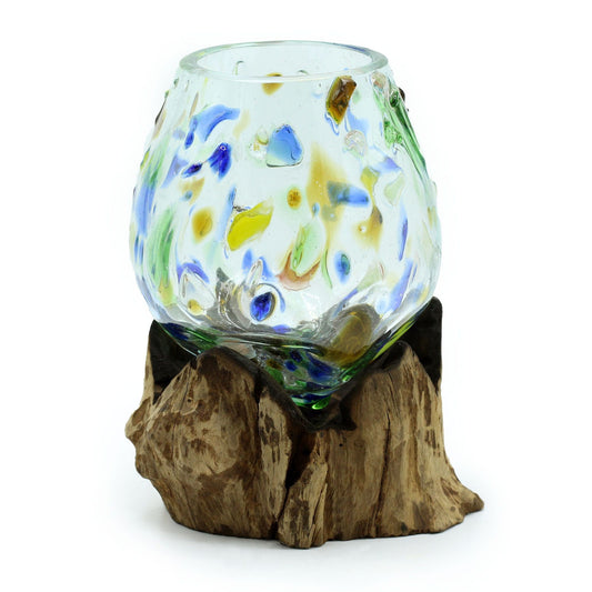 Molten Coloured Glass Medium Bowl on Wood