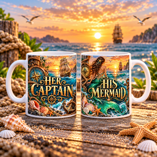 Her Captain and His Mermaid — Ocean Mug Set – two-mug set front designs
