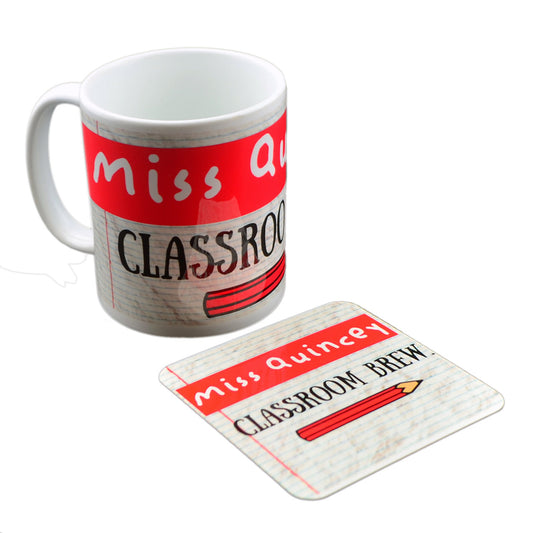 Personalised Classroom Brew mug and matching coaster with red name panels and a pencil motif.