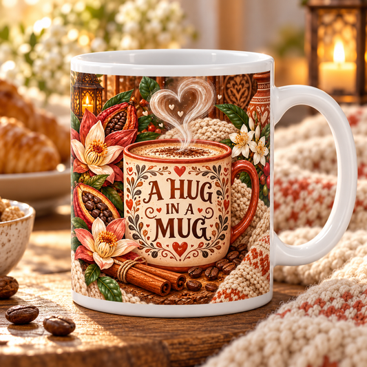 A Hug in a Mug — Cosy Coffee Mug – front design