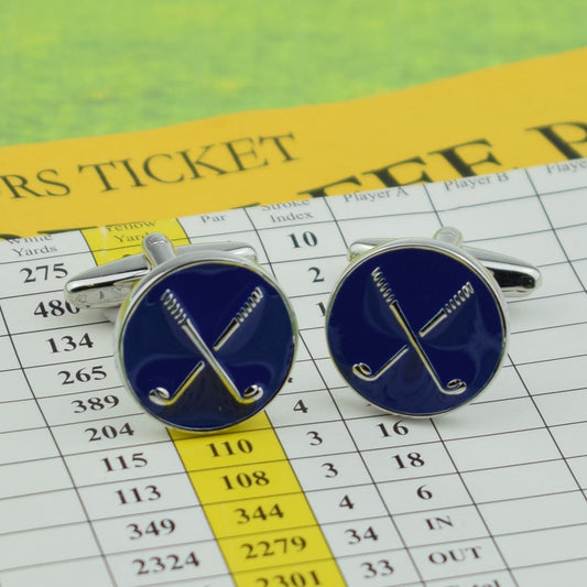Round Enamelled Blue Crossed Golf Clubs Design Cufflinks | Ashton and Finch