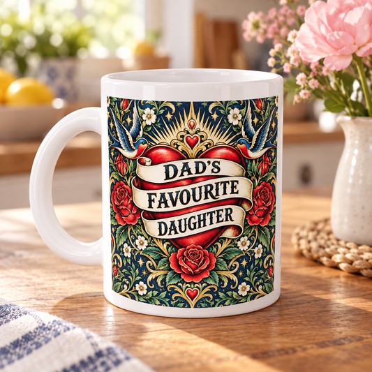 Dad's Favourite Daughter – Floral Tattoo Mug — front design