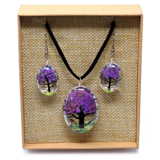 Pressed Flowers Tree of Life Necklace and Earring Set - Lavender