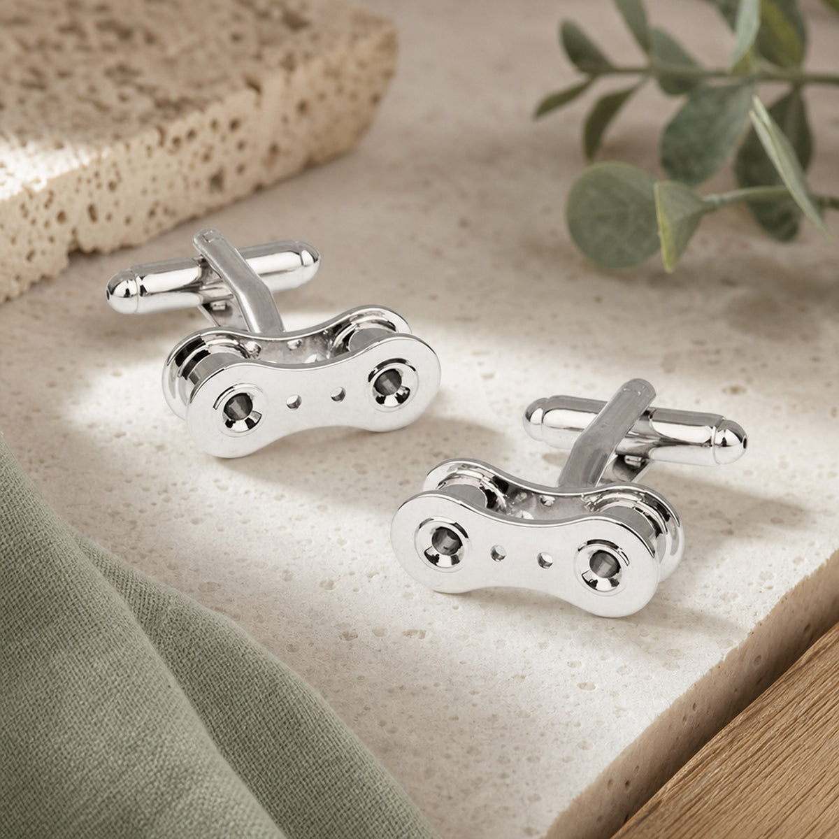 Bike Chain Link Cufflinks in a themed setting