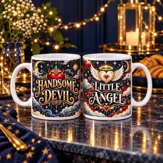 Handsome Devil and Little Angel — Celestial Mug Set – two-mug set front designs