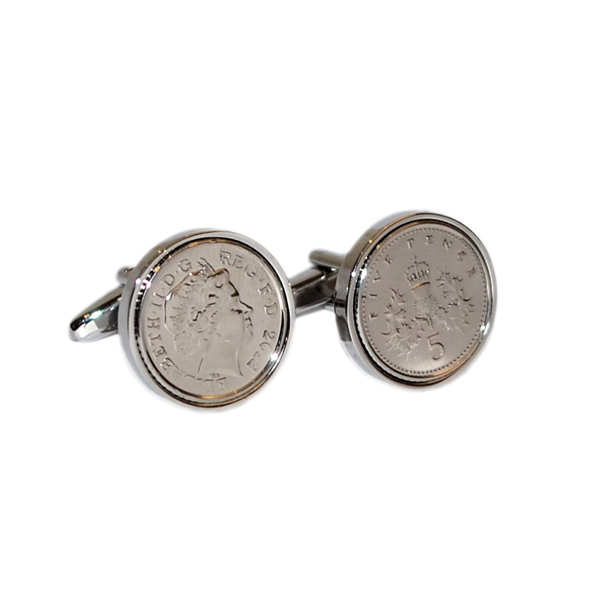 Rhodium Plated Cufflinks with Polished Decimal Five Penny Coin | Ashton and Finch