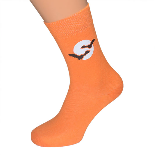 Halloween Black Bats Glow In The Dark Full Moon Mens Orange Socks| Ashton and Finch