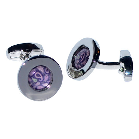 Pink Paisley Centre Rhodium Plated Cufflinks | Ashton and Finch