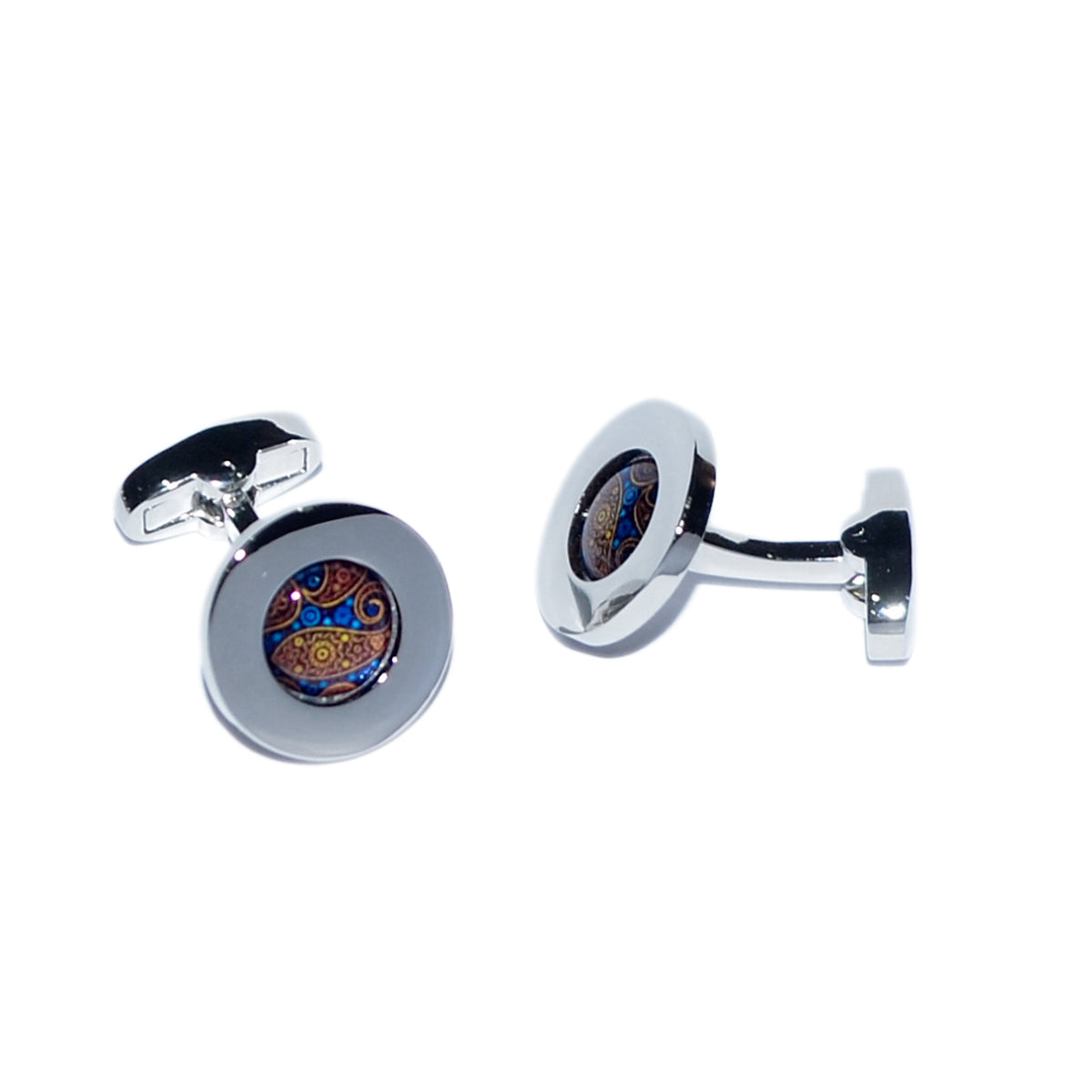 Blue & Golden Paisley Pattern Centred Rhodium Plated Cufflinks | Ashton and Finch