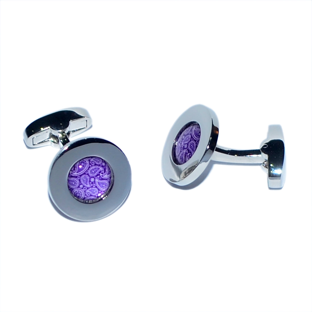 Purple Paisley Centre Rhodium Plated Cufflinks | Ashton and Finch