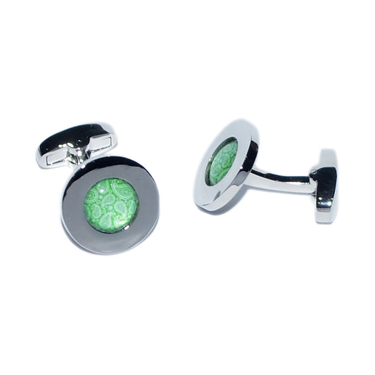 Green Paisley Centre Rhodium Plated Cufflinks | Ashton and Finch