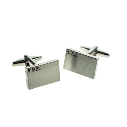 Satin Brushed Metal Finish 3 Crystals Design Cufflinks (engravable 19mm x 12mm) | Ashton and Finch