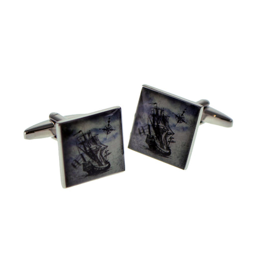 Retro Galleon & Points of Compass Square Cufflinks | Ashton and Finch