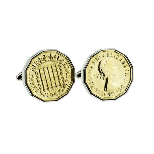 Rhodium Plated Cufflinks with Polished Pre Decimal Thrupenny Bit Coin | Ashton and Finch