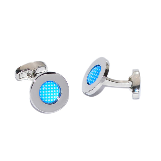 Blue Polka Dot Pattern Centred Rhodium Plated Cufflinks | Ashton and Finch