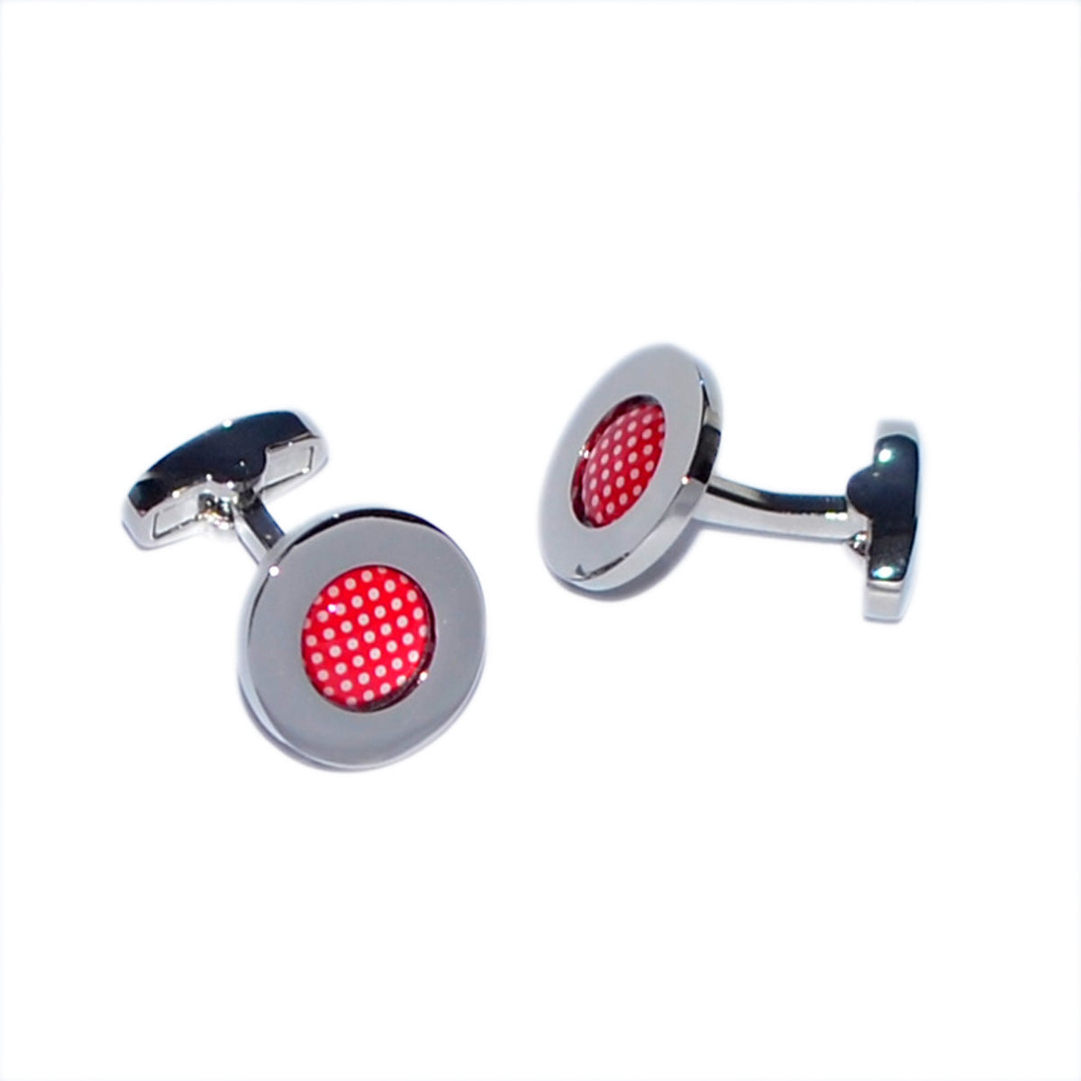 Red Polka Dot Pattern Centred Rhodium Plated Cufflinks | Ashton and Finch