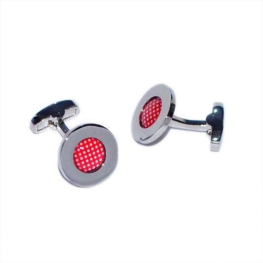 Red Polka Dot Pattern Centred Rhodium Plated Cufflinks | Ashton and Finch