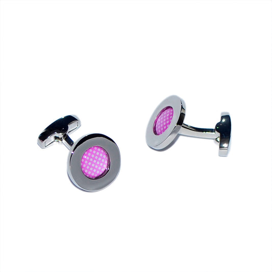 Pink Polka Dot Pattern Centred Rhodium Plated Cufflinks | Ashton and Finch