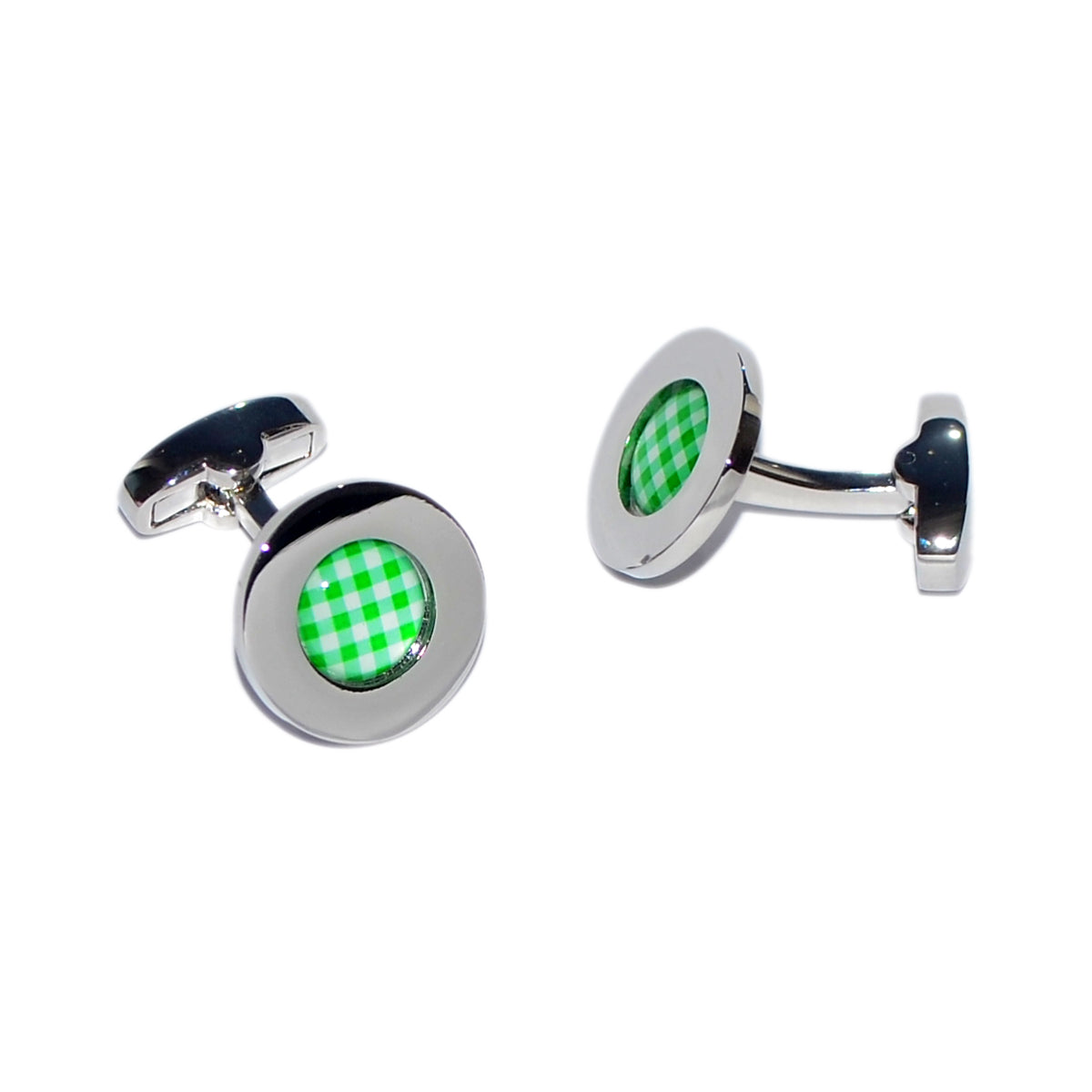 Green Gingham Pattern Centre Rhodium Plated Cufflinks | Ashton and Finch