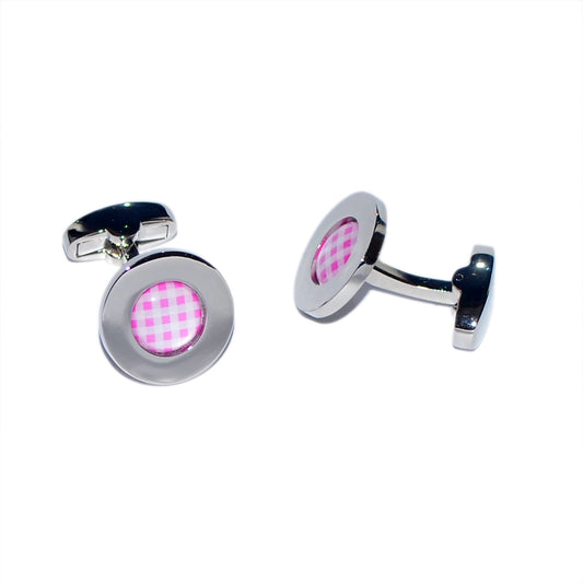 Pink Gingham Pattern Centre Rhodium Plated Cufflinks | Ashton and Finch