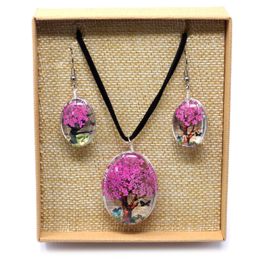 Pressed Flowers Tree of Life Necklace and Earring Set - Bright Pink
