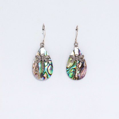 Shell and Silver Dragonfly Earrings - Abalone