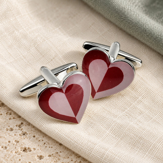 Two Tone Red Pink Heart Shaped Cufflinks in a muted gift setting