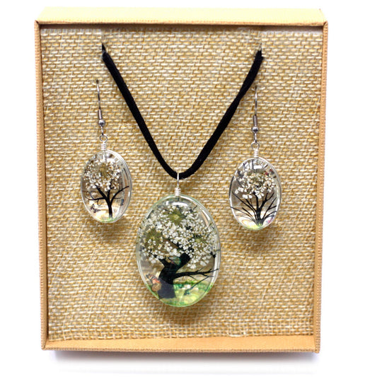 Pressed Flowers Tree of Life Necklace and Earring Set - White