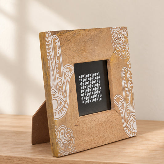 Hamsa Mango Wood Photo Frame 10x10cm – White Design in a muted gift setting