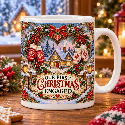 Our First Christmas Engaged — Winter Cottage Mug – front design
