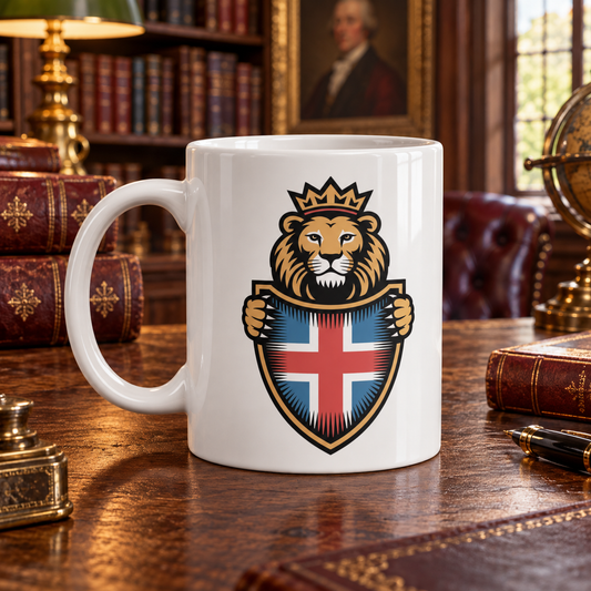 English Lion Shield – England Heritage Coffee Mug shown in a themed setting