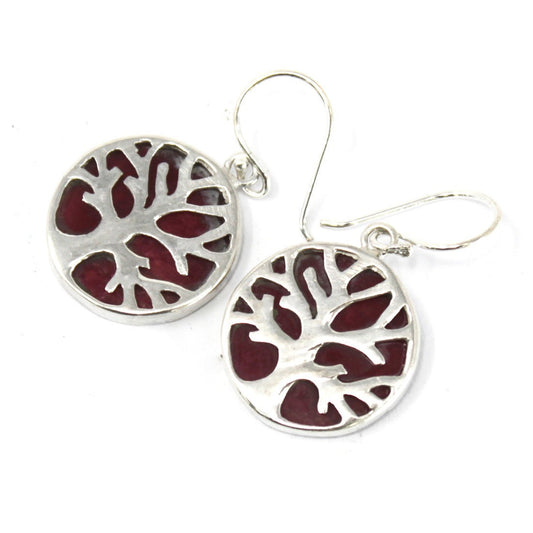 15mm Tree of Life Silver Earrings - Coral Effect