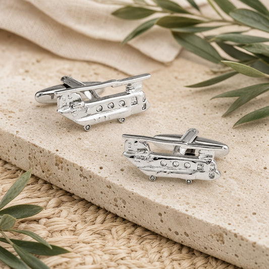 Silver Chinook Rotor Helicopter Cufflinks in a themed setting