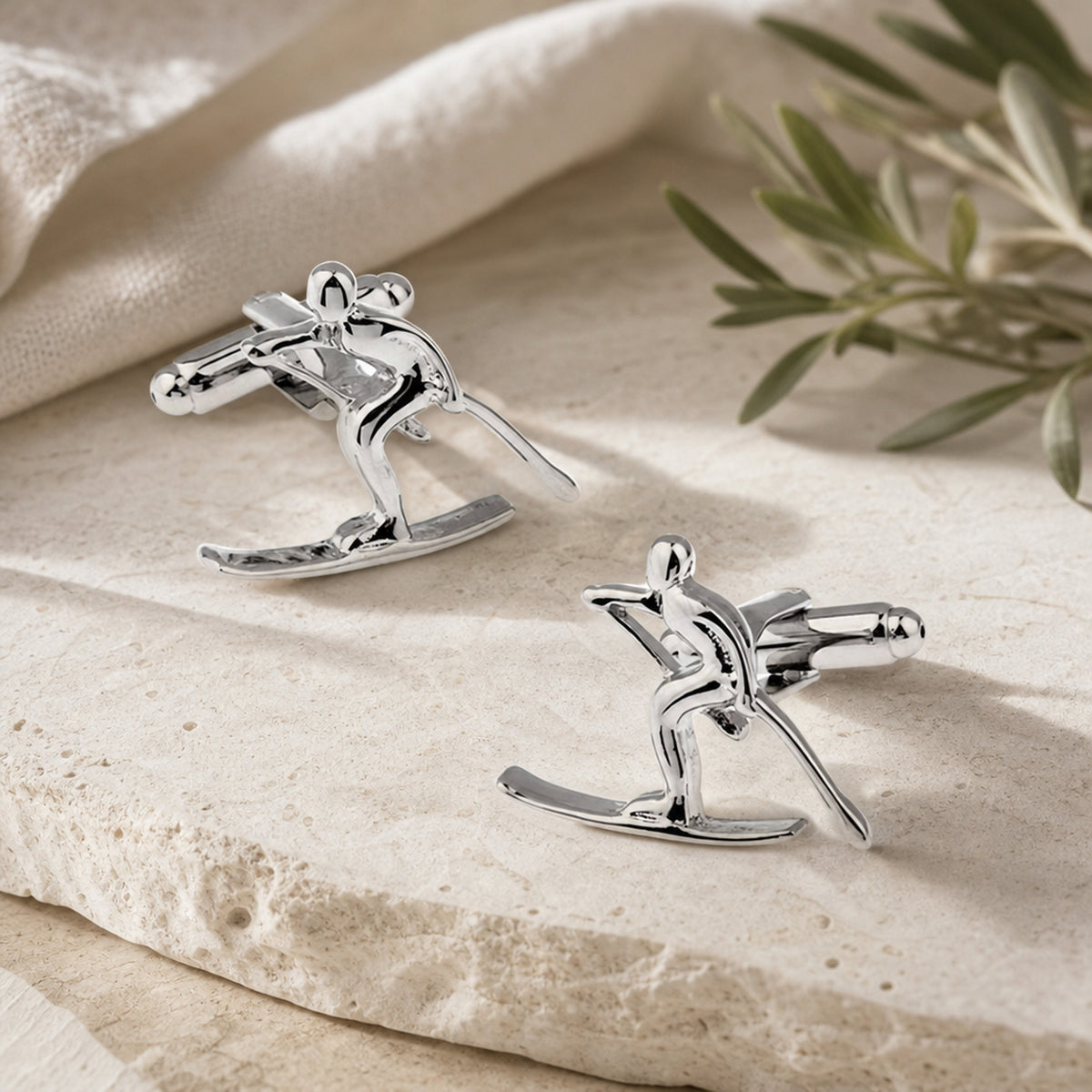 Silver Skiing Cufflinks in a themed setting