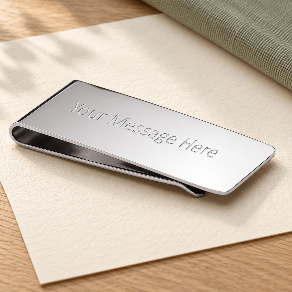 Personalised Money Clip Custom Text in a muted gift setting