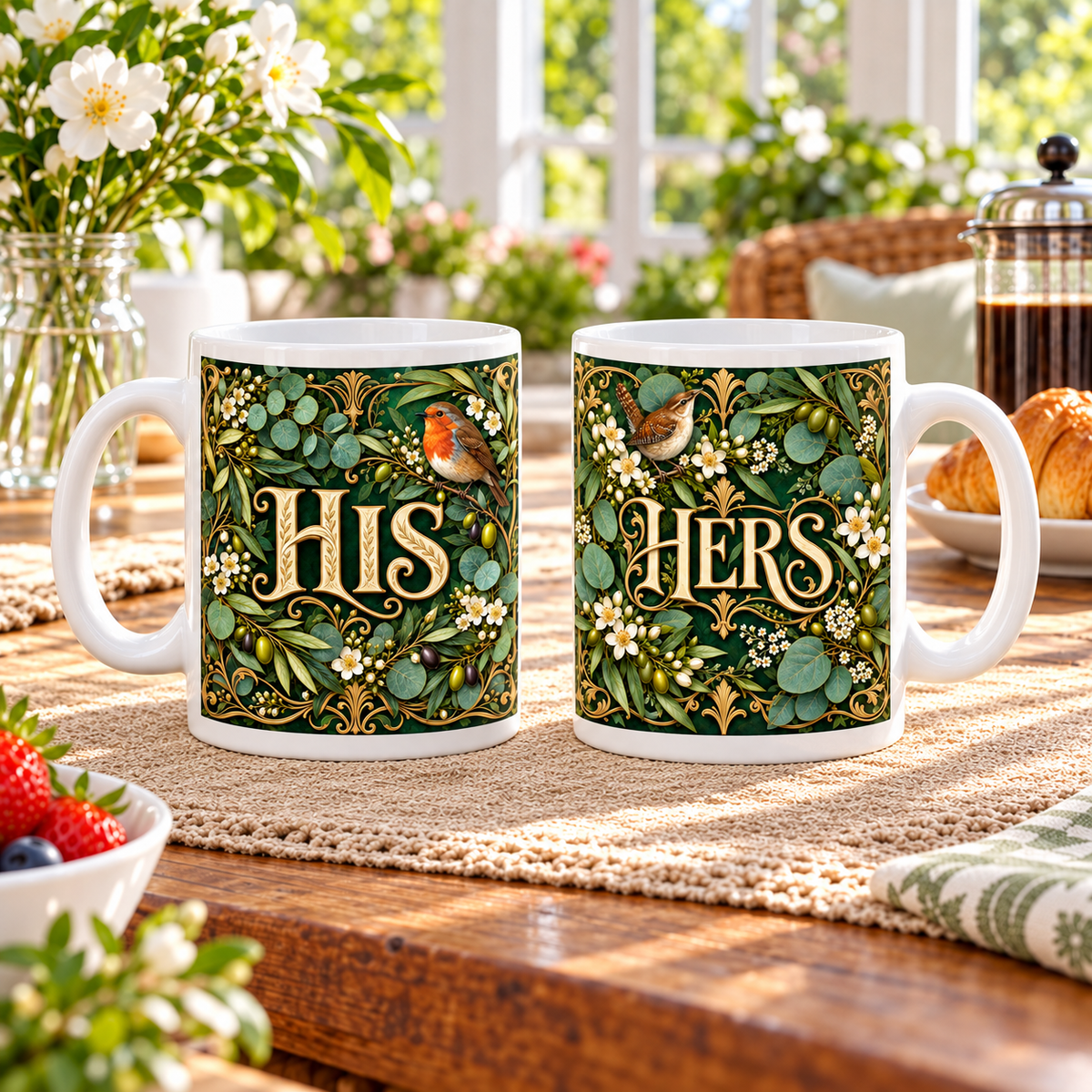 His and Hers — Botanical Morning Mug Set – two-mug set angled view