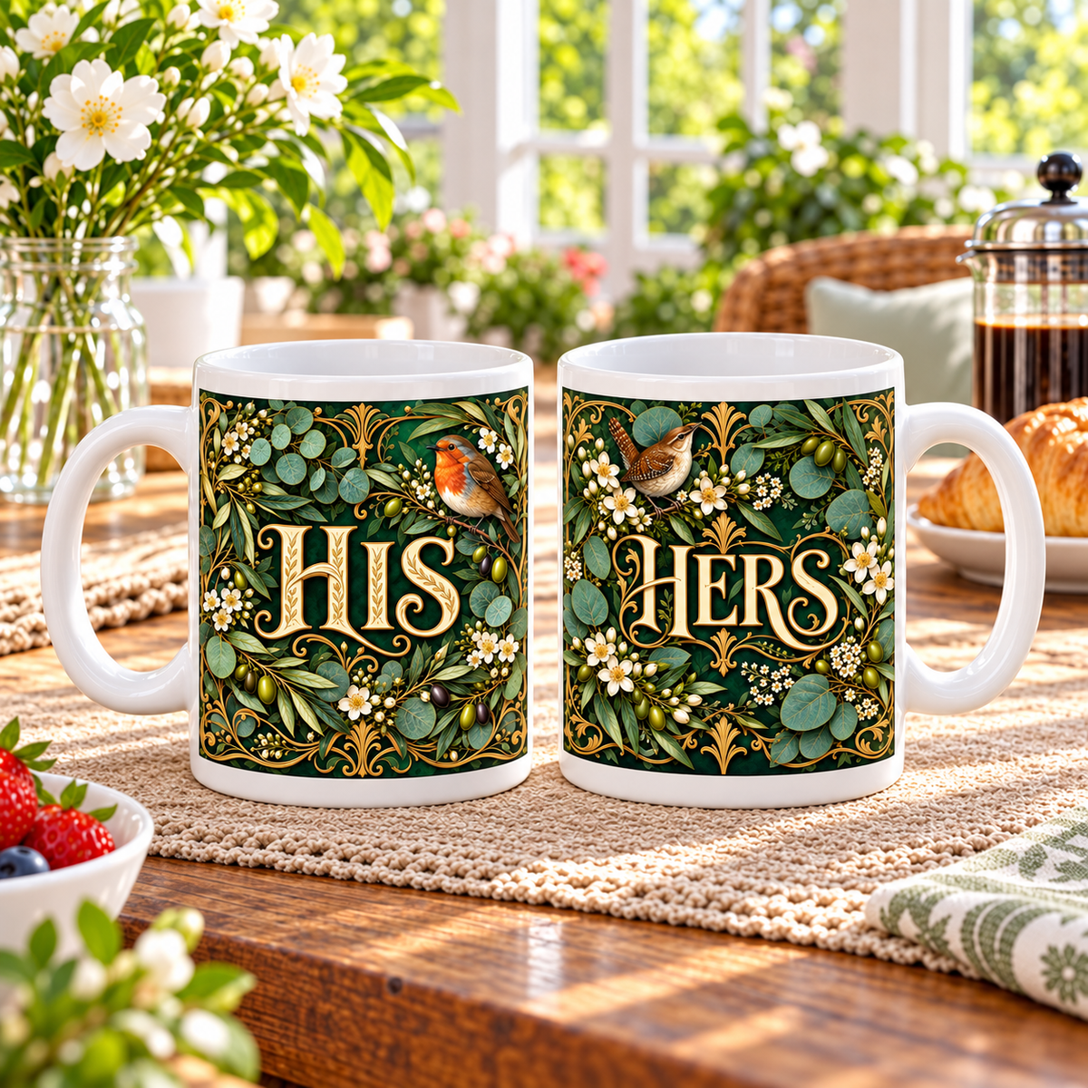 His and Hers — Botanical Morning Mug Set – two-mug set print details