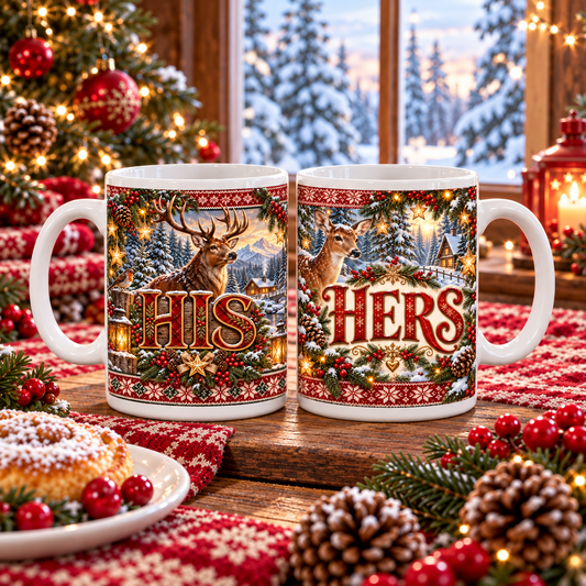 His and Hers — Winter Woodland Mug Set – two-mug set front designs