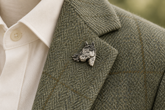 Silver horse-head lapel pin worn on a sage tweed blazer