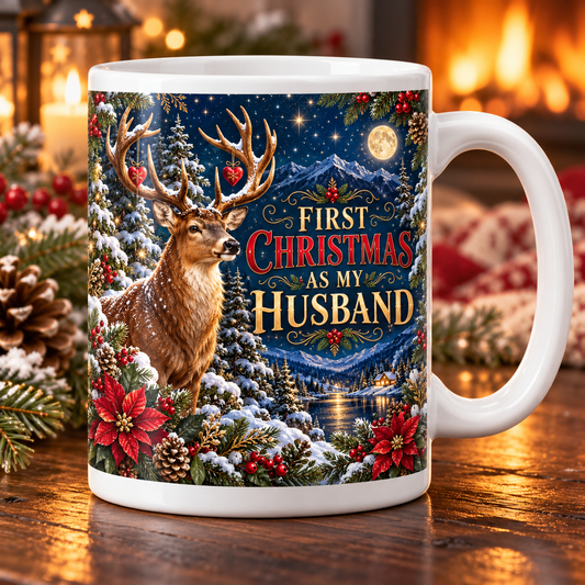 First Christmas as My Husband — Winter Stag Mug – front design