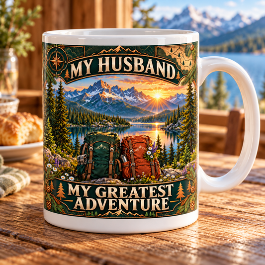 My Husband, My Greatest Adventure — Mountain Mug – front design