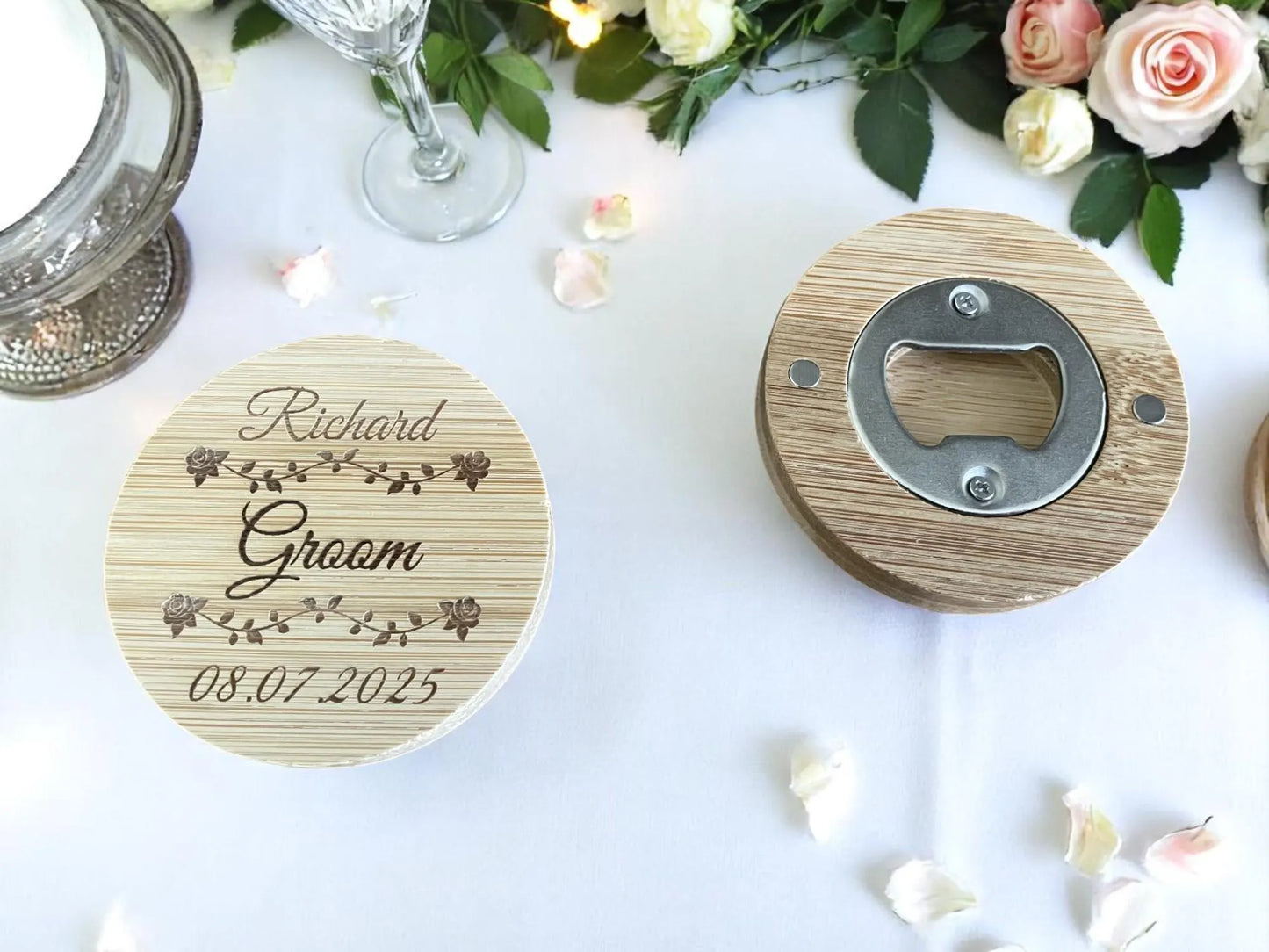 Personalised Wedding Bottle Opener – Rustic Wooden Fridge Magnet Gift