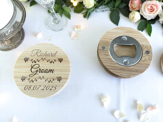 Personalised Wedding Bottle Opener – Rustic Wooden Fridge Magnet Gift