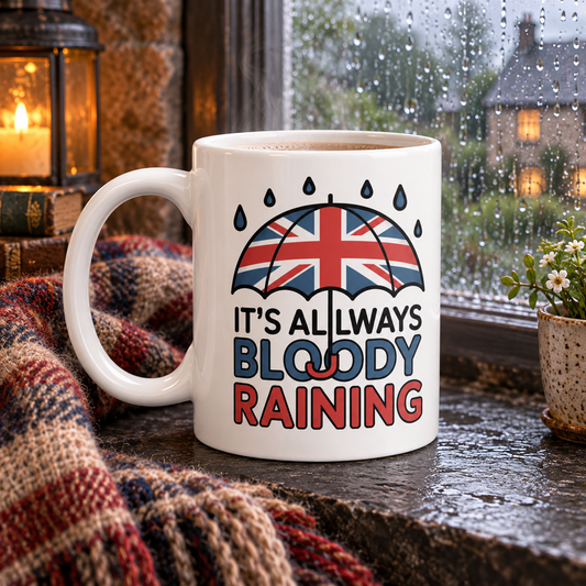 Always Bloody Raining – Funny British Weather Mug shown in a themed setting