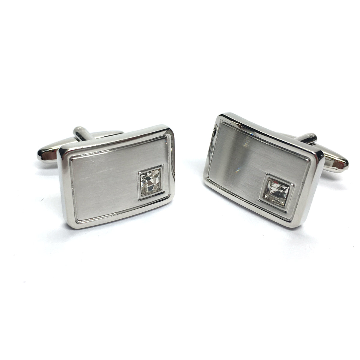 Unboxed Brushed Rhodium Plated Cufflinks With Crystal in Corner (engravable 20mm x 15mm) | Ashton and Finch