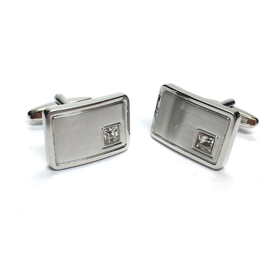 Unboxed Brushed Rhodium Plated Cufflinks With Crystal in Corner (engravable 20mm x 15mm) | Ashton and Finch
