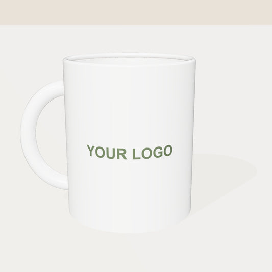 Corporate logo mug pack — front view, example logo placement