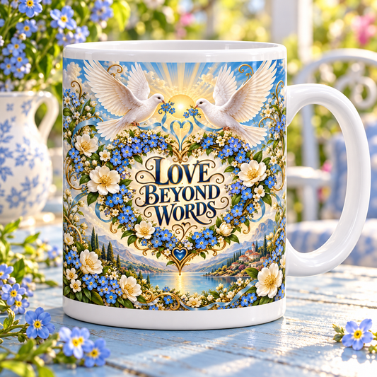 Love Beyond Words — Botanical Doves Mug – front design